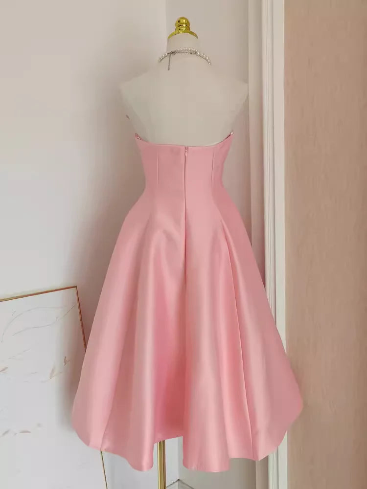 Cute A line Strapless Pink Vacation Dress Satin Women Dresses simple gentle atmospheric and unique desi Bring summer colors to enhance whiteness