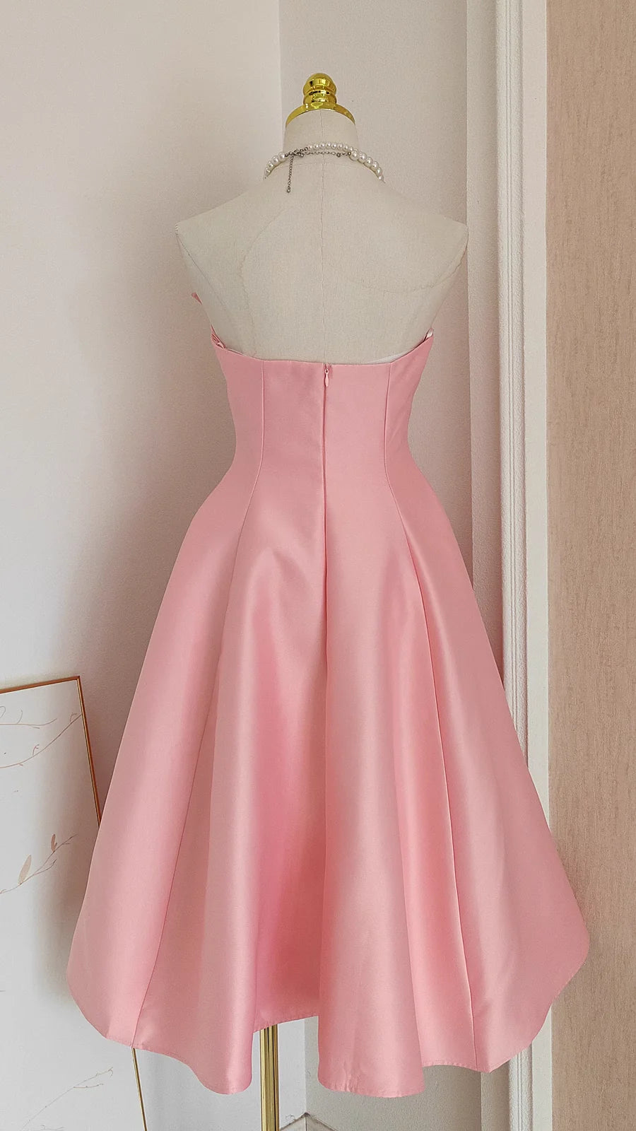 Cute A line Strapless Pink Vacation Dress Satin Women Dresses simple gentle atmospheric and unique desi Bring summer colors to enhance whiteness