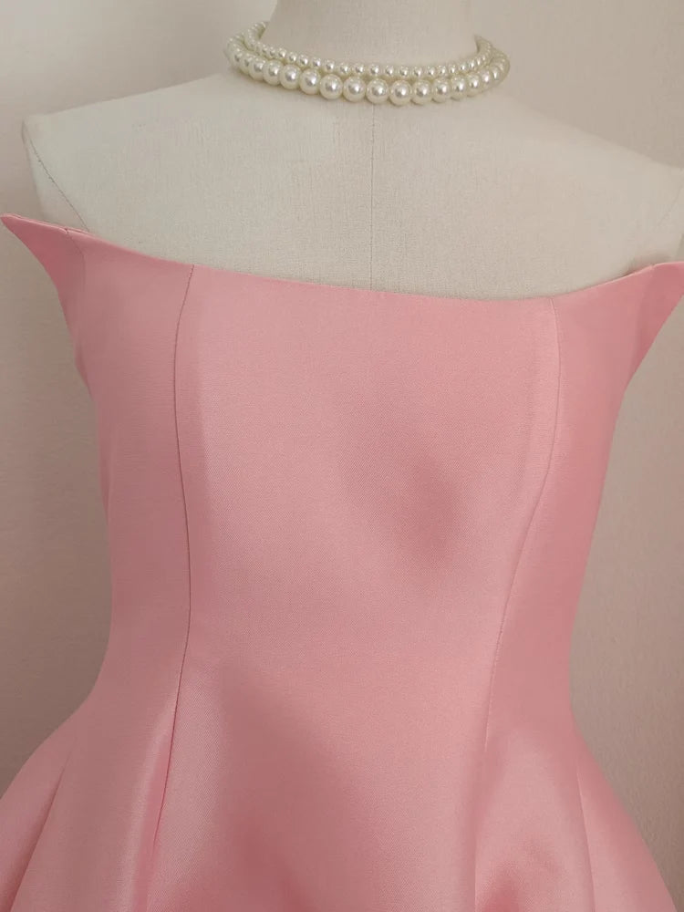 Cute A line Strapless Pink Vacation Dress Satin Women Dresses simple gentle atmospheric and unique desi Bring summer colors to enhance whiteness