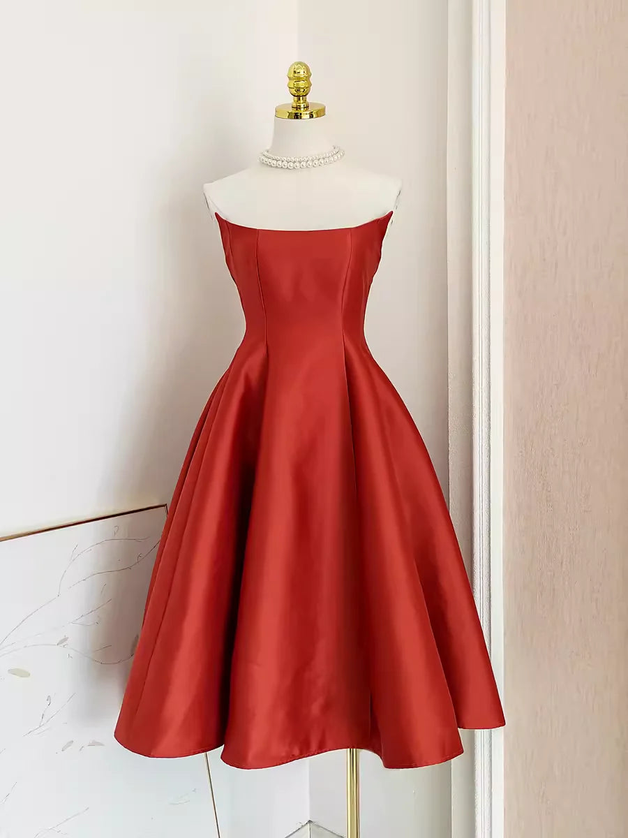 Cute A line Strapless Rust Red Vacation Dress Satin Women Dresses simple gentle atmospheric and unique desi Bring summer colors to enhance whiteness