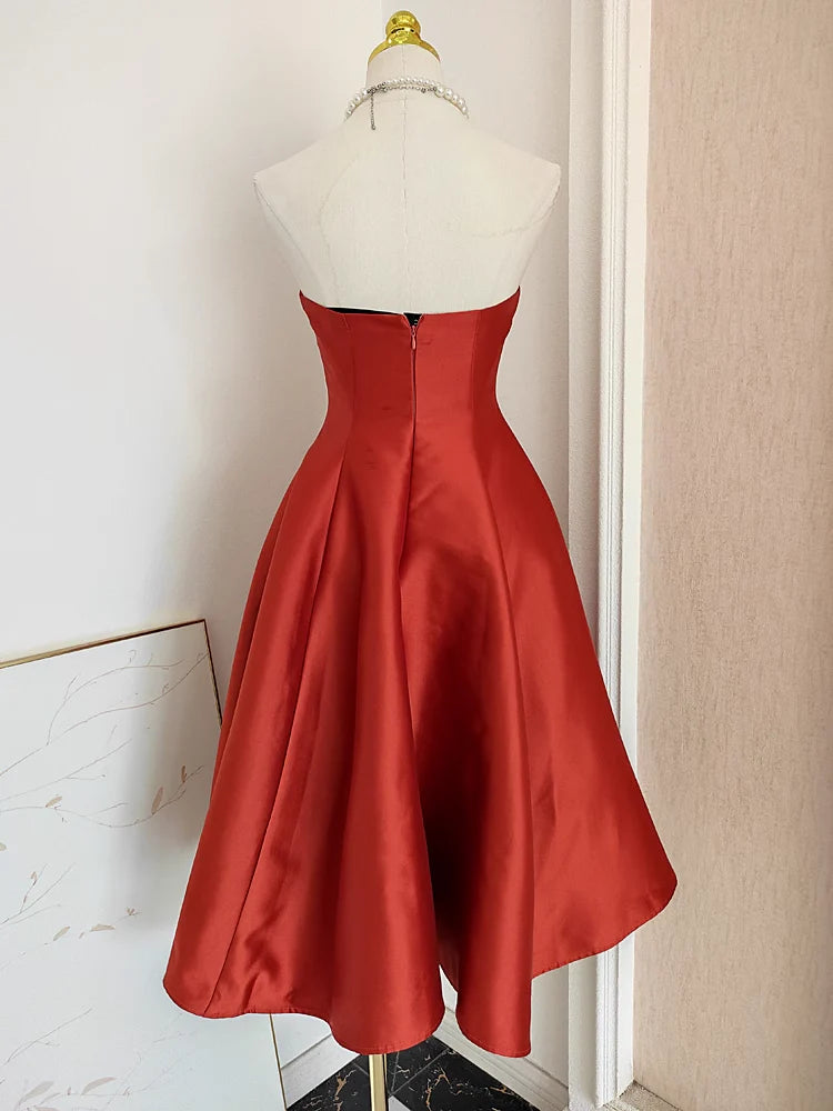 Cute A line Strapless Rust Red Vacation Dress Satin Women Dresses simple gentle atmospheric and unique desi Bring summer colors to enhance whiteness