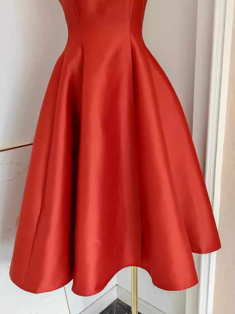Cute A line Strapless Rust Red Vacation Dress Satin Women Dresses simple gentle atmospheric and unique desi Bring summer colors to enhance whiteness