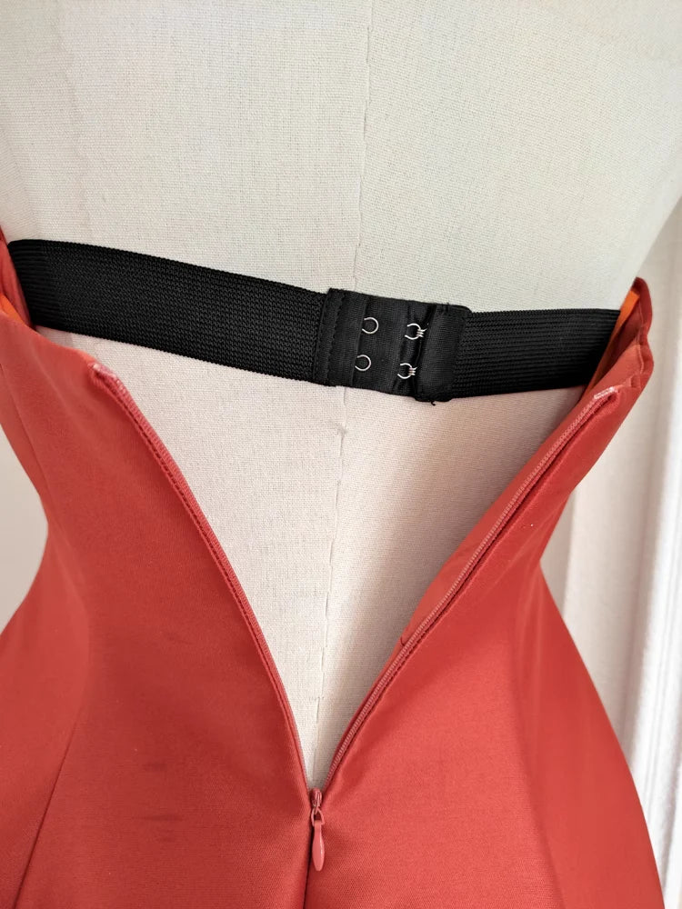 Cute A line Strapless Rust Red Vacation Dress Satin Women Dresses simple gentle atmospheric and unique desi Bring summer colors to enhance whiteness