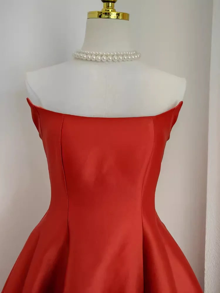 Cute A line Strapless Rust Red Vacation Dress Satin Women Dresses simple gentle atmospheric and unique desi Bring summer colors to enhance whiteness