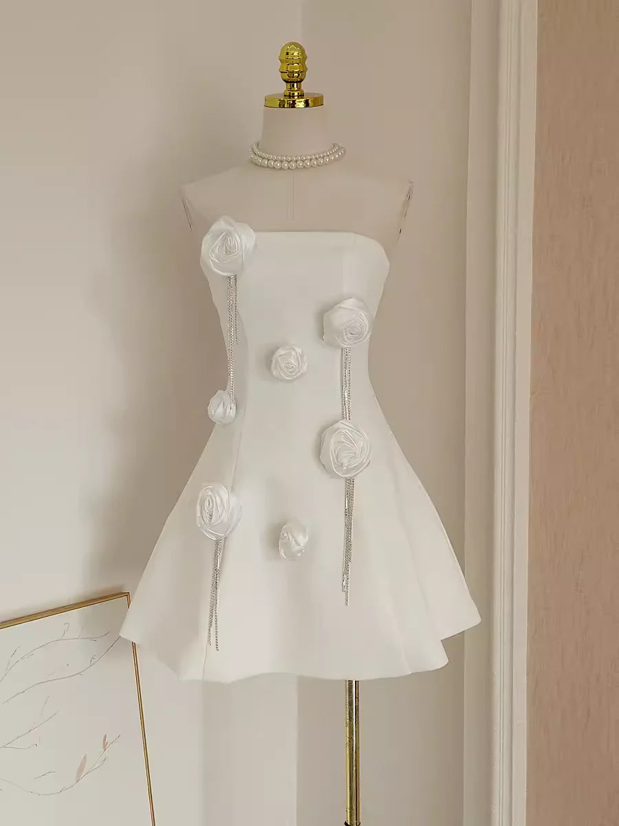 Cute A line Strapless Satin White Flowers Vacation Dress Women Short Dresses simple gentle atmospheric and unique desi Bring summer colors to enhance whiteness