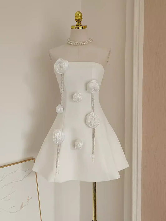 Cute A line Strapless Satin White Flowers Vacation Dress Women Short Dresses simple gentle atmospheric and unique desi Bring summer colors to enhance whiteness