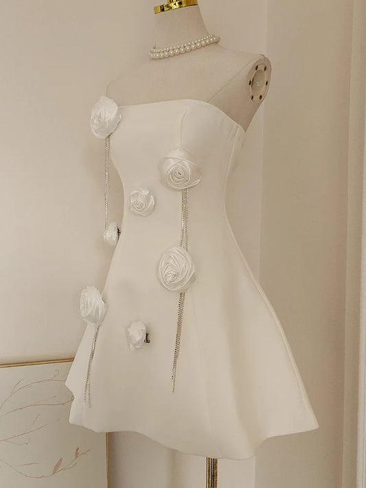 Cute A line Strapless Satin White Flowers Vacation Dress Women Short Dresses simple gentle atmospheric and unique desi Bring summer colors to enhance whiteness