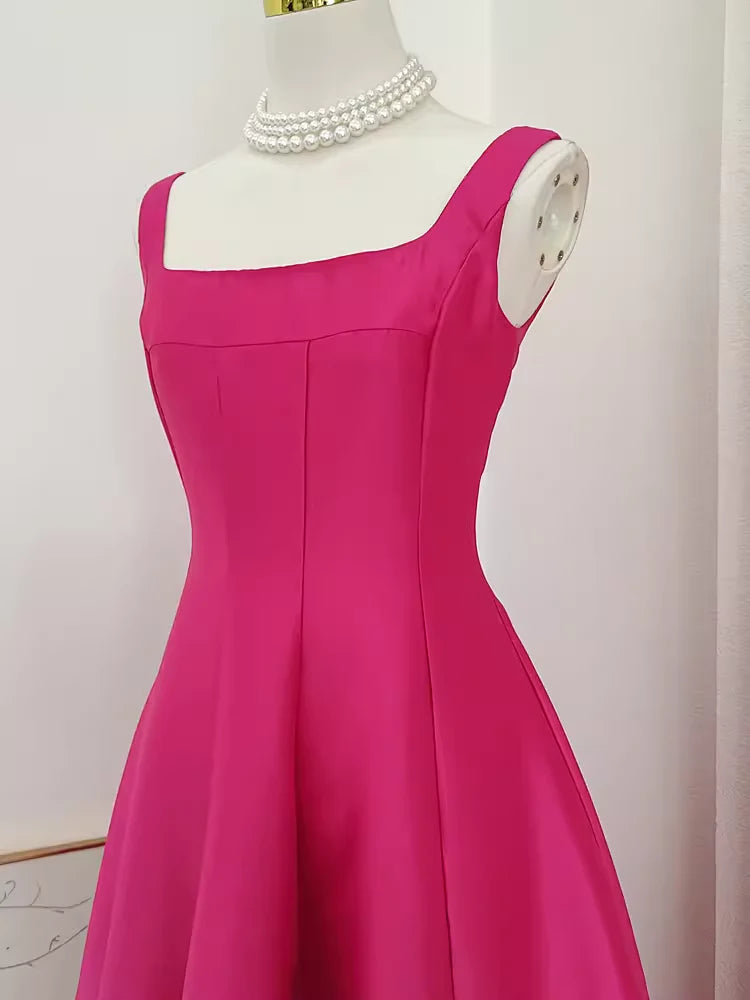 Cute A line Straps Hot Pink Vacation Dress Satin Women Summer Dresses simple gentle atmospheric and unique desi Bring summer colors to enhance whiteness