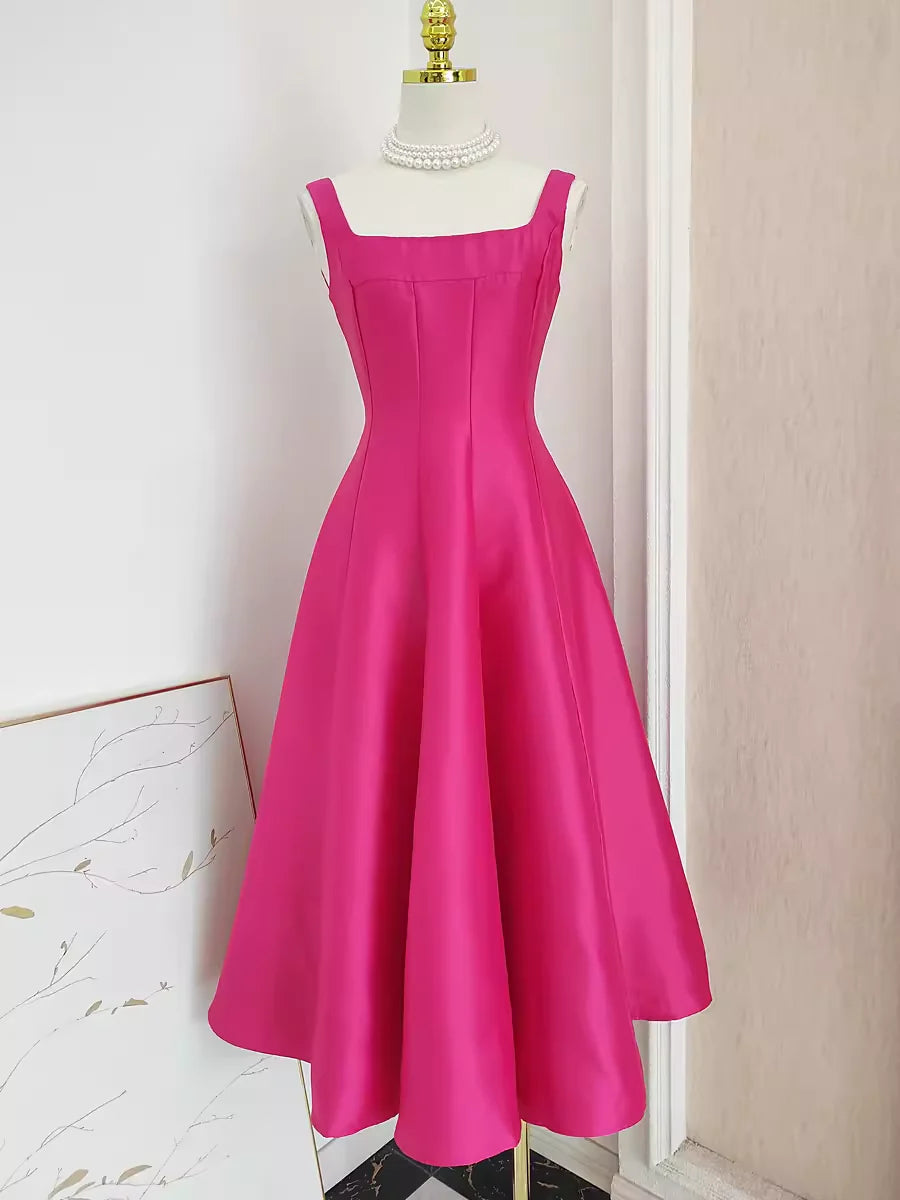 Cute A line Straps Hot Pink Vacation Dress Satin Women Summer Dresses simple gentle atmospheric and unique desi Bring summer colors to enhance whiteness