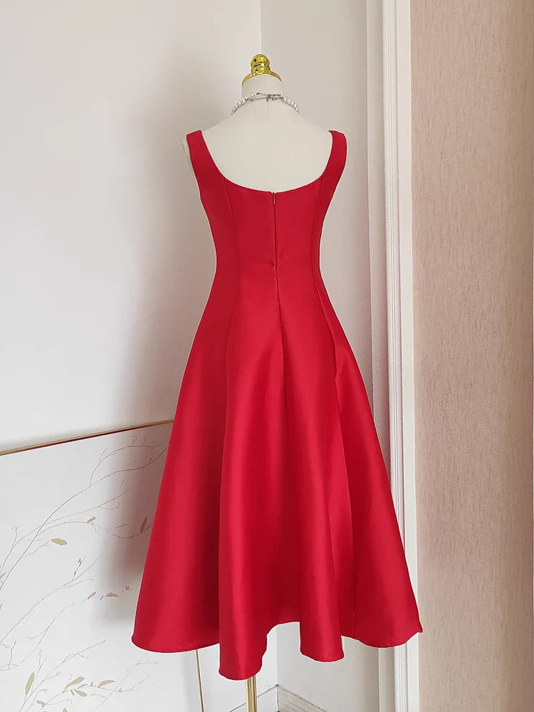 Cute A line Straps Red Vacation Dress Satin Women Summer Dresses simple gentle atmospheric and unique desi Bring summer colors to enhance whiteness