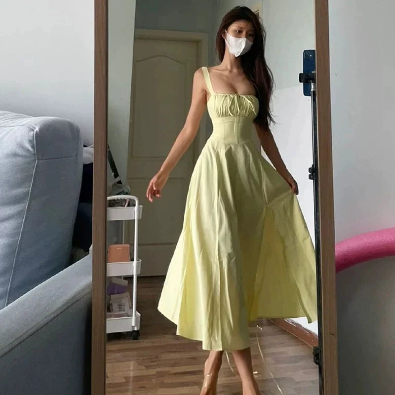 Cute A line Straps Ruffled Yellow Ankle Length Women's Vacation Dresses simple gentle atmospheric and unique desi Bring summer colors to enhance whiteness