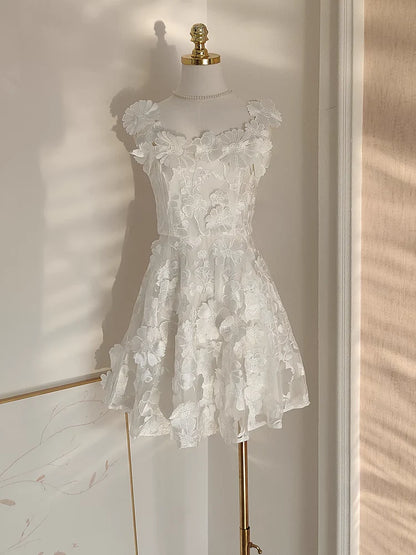 Cute A line Straps Sleeveless Floral White Party Dress Short Holiday Dresses simple gentle atmospheric and unique desi Bring summer colors to enhance whiteness