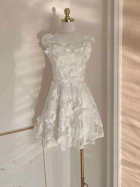 Cute A line Straps Sleeveless Floral White Party Dress Short Holiday Dresses simple gentle atmospheric and unique desi Bring summer colors to enhance whiteness