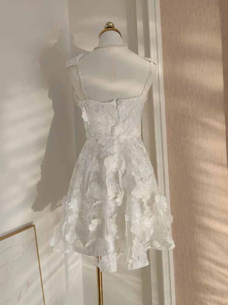 Cute A line Straps Sleeveless Floral White Party Dress Short Holiday Dresses simple gentle atmospheric and unique desi Bring summer colors to enhance whiteness