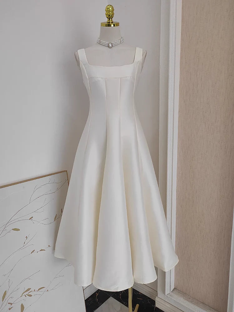 Cute A line Straps White Vacation Dress Satin Women Summer Dresses simple gentle atmospheric and unique desi Bring summer colors to enhance whiteness