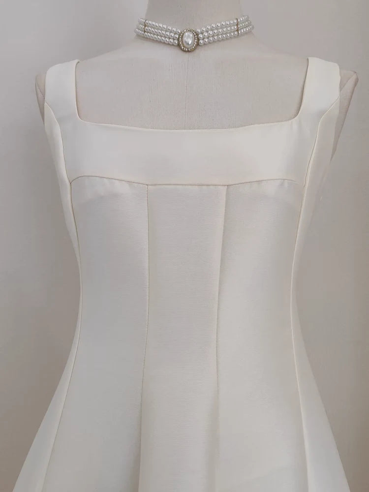 Cute A line Straps White Vacation Dress Satin Women Summer Dresses simple gentle atmospheric and unique desi Bring summer colors to enhance whiteness