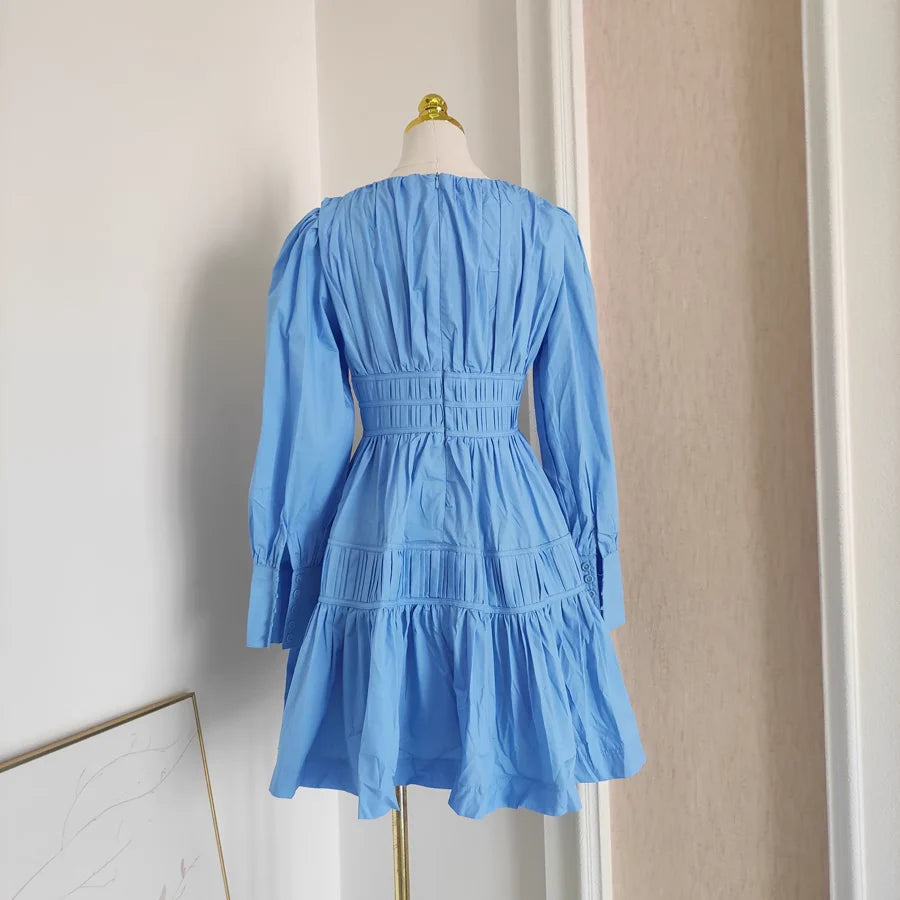 Cute A line V Neckline Long Sleeves Spring Blue Casual Dress Beach Holiday Dresses simple gentle atmospheric and unique desi Bring summer colors to enhance whiteness