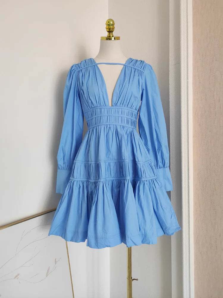 Cute A line V Neckline Long Sleeves Spring Blue Casual Dress Beach Holiday Dresses simple gentle atmospheric and unique desi Bring summer colors to enhance whiteness