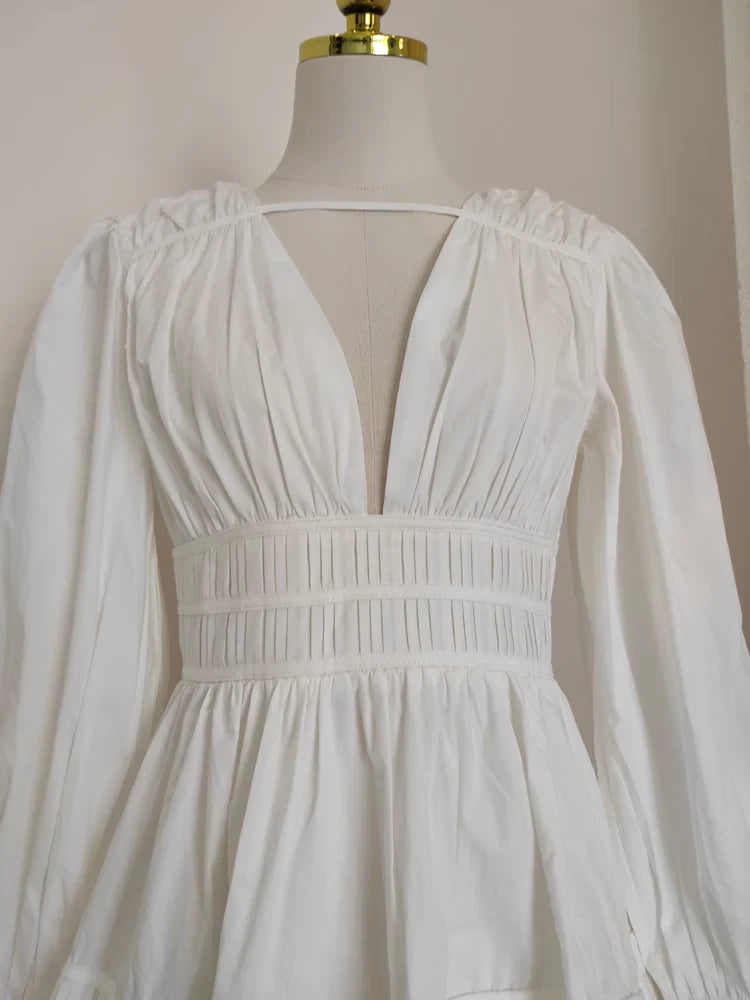 Cute A line V Neckline Long Sleeves Spring White Casual Dress Beach Holiday Dresses simple gentle atmospheric and unique desi Bring summer colors to enhance whiteness