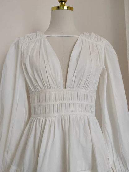 Cute A line V Neckline Long Sleeves Spring White Casual Dress Beach Holiday Dresses simple gentle atmospheric and unique desi Bring summer colors to enhance whiteness