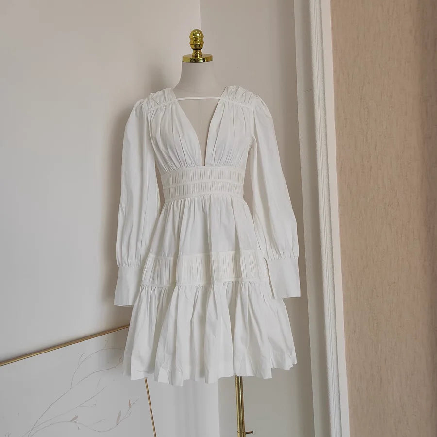 Cute A line V Neckline Long Sleeves Spring White Casual Dress Beach Holiday Dresses simple gentle atmospheric and unique desi Bring summer colors to enhance whiteness