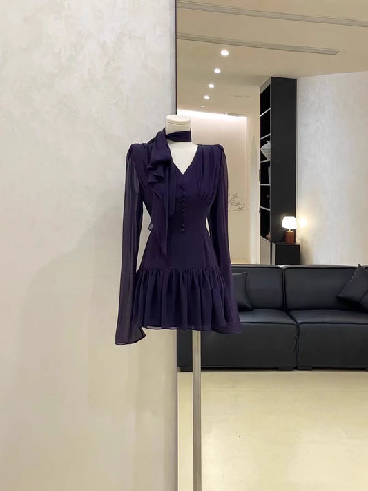 Cute A line V Neckline Ruffled Grape Short Long Sleeve Women Dresses simple gentle atmospheric and unique desi Bring summer colors to enhance whiteness