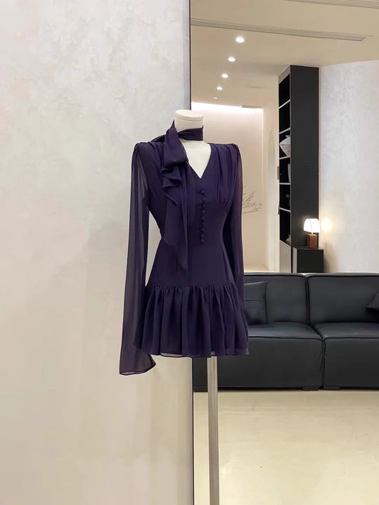 Cute A line V Neckline Ruffled Grape Short Long Sleeve Women Dresses simple gentle atmospheric and unique desi Bring summer colors to enhance whiteness