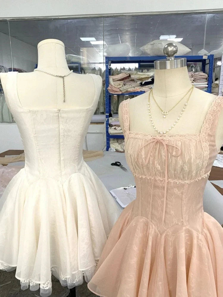 Cute Ball Gown Square Neck Lace Pink Short Mini Formal 8th Grade Homecoming Dresses Middle School Short Cocktail Dress Hoco Outfits simple gentle atmospheric and unique desi Bring summer colors to enhance whiteness