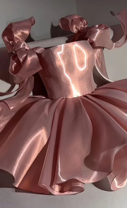 Cute Ball Gown Straps Pink Satin Short Formal 8th Grade Homecoming Dresses Middle School Cocktail Dress Hoco Outfits