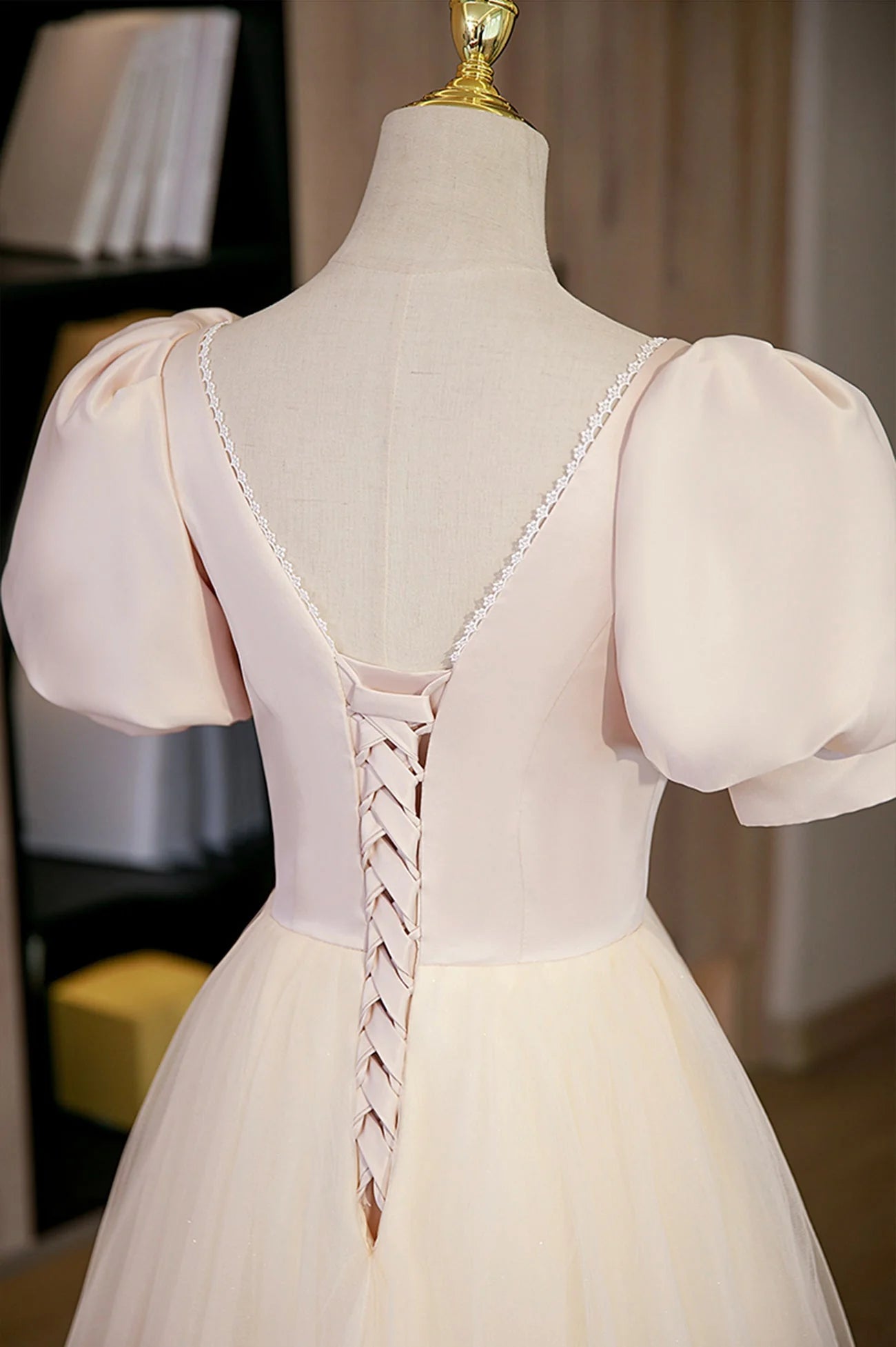 Cute Satin Tulle Long Prom Dress  A-Line Short Sleeve Evening Dress simple gentle atmospheric and unique desi Bring summer colors to enhance whitenes