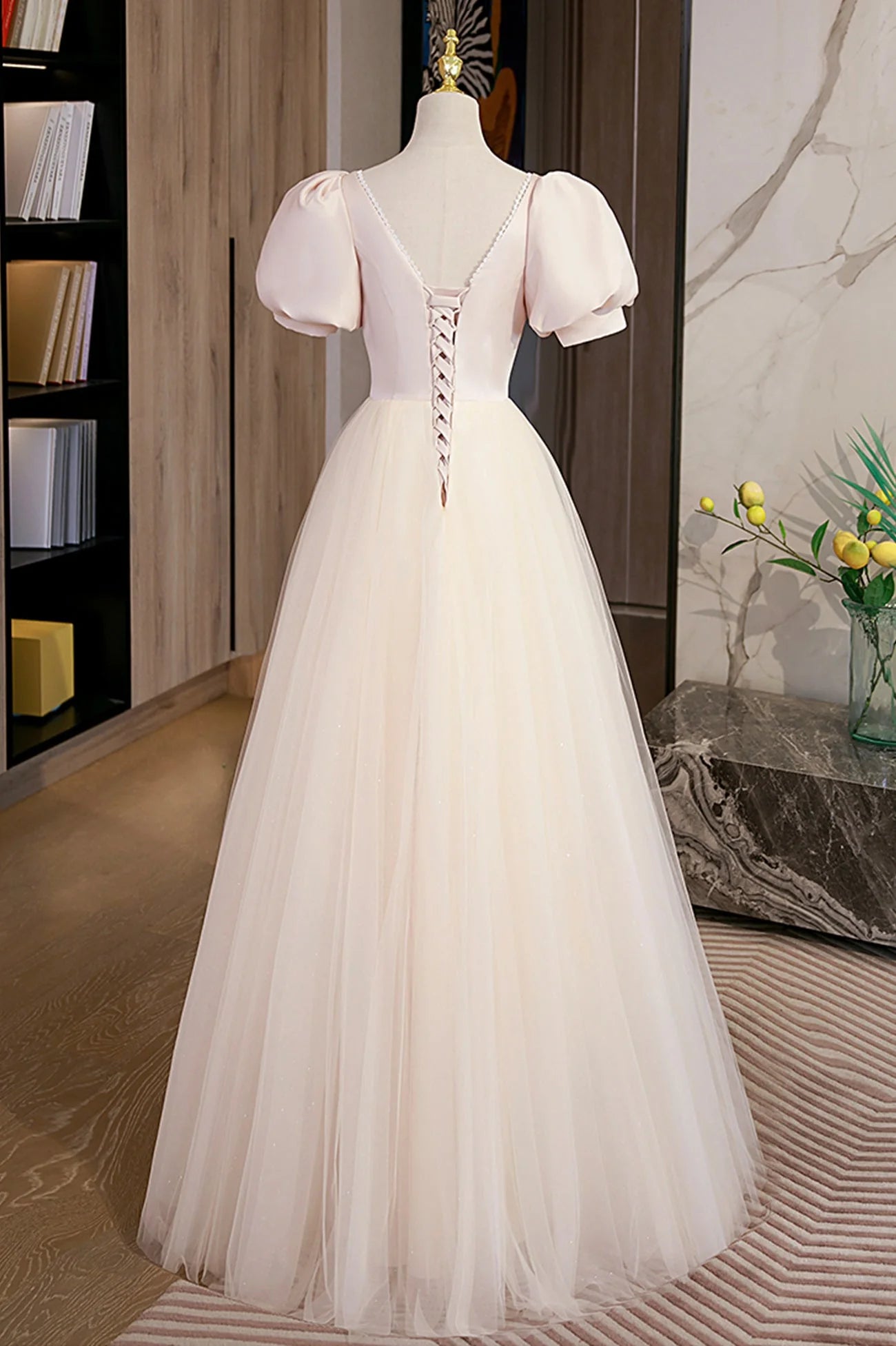 Cute Satin Tulle Long Prom Dress  A-Line Short Sleeve Evening Dress simple gentle atmospheric and unique desi Bring summer colors to enhance whitenes