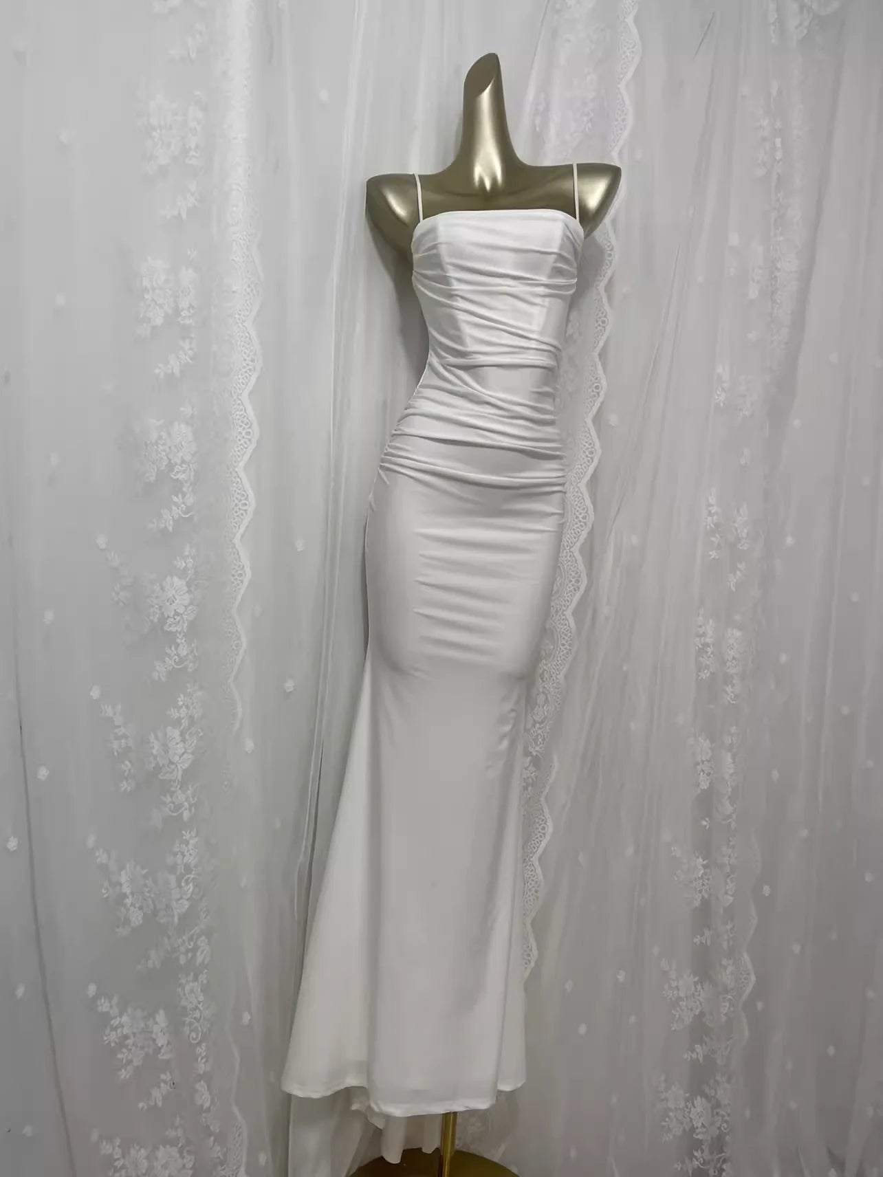 Cute Sheath Spaghetti Straps Satin White Long Vacation Dress Birthday Dresses  simple gentle atmospheric and unique desi Bring summer colors to enhance whiteness