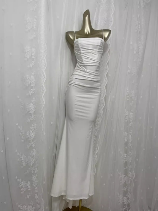 Cute Sheath Spaghetti Straps Satin White Long Vacation Dress Birthday Dresses  simple gentle atmospheric and unique desi Bring summer colors to enhance whiteness