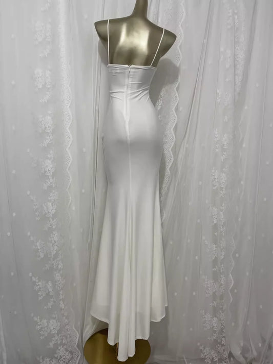 Cute Sheath Spaghetti Straps Satin White Long Vacation Dress Birthday Dresses  simple gentle atmospheric and unique desi Bring summer colors to enhance whiteness