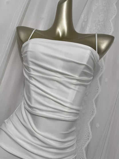 Cute Sheath Spaghetti Straps Satin White Long Vacation Dress Birthday Dresses  simple gentle atmospheric and unique desi Bring summer colors to enhance whiteness