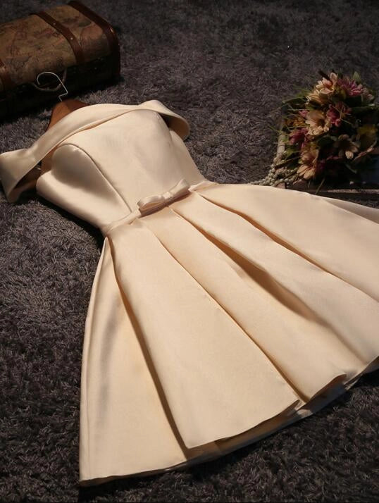 Cute Short Champagne Satin Party Dress Off Shoulder Prom Dresses simple gentle atmospheric and unique desi Bring summer colors to enhance whiteness