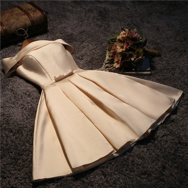 Cute Short Champagne Satin Party Dress Off Shoulder Prom Dresses simple gentle atmospheric and unique desi Bring summer colors to enhance whiteness