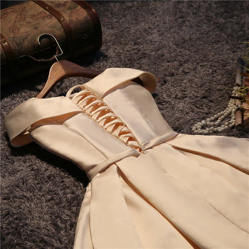 Cute Short Champagne Satin Party Dress Off Shoulder Prom Dresses simple gentle atmospheric and unique desi Bring summer colors to enhance whiteness