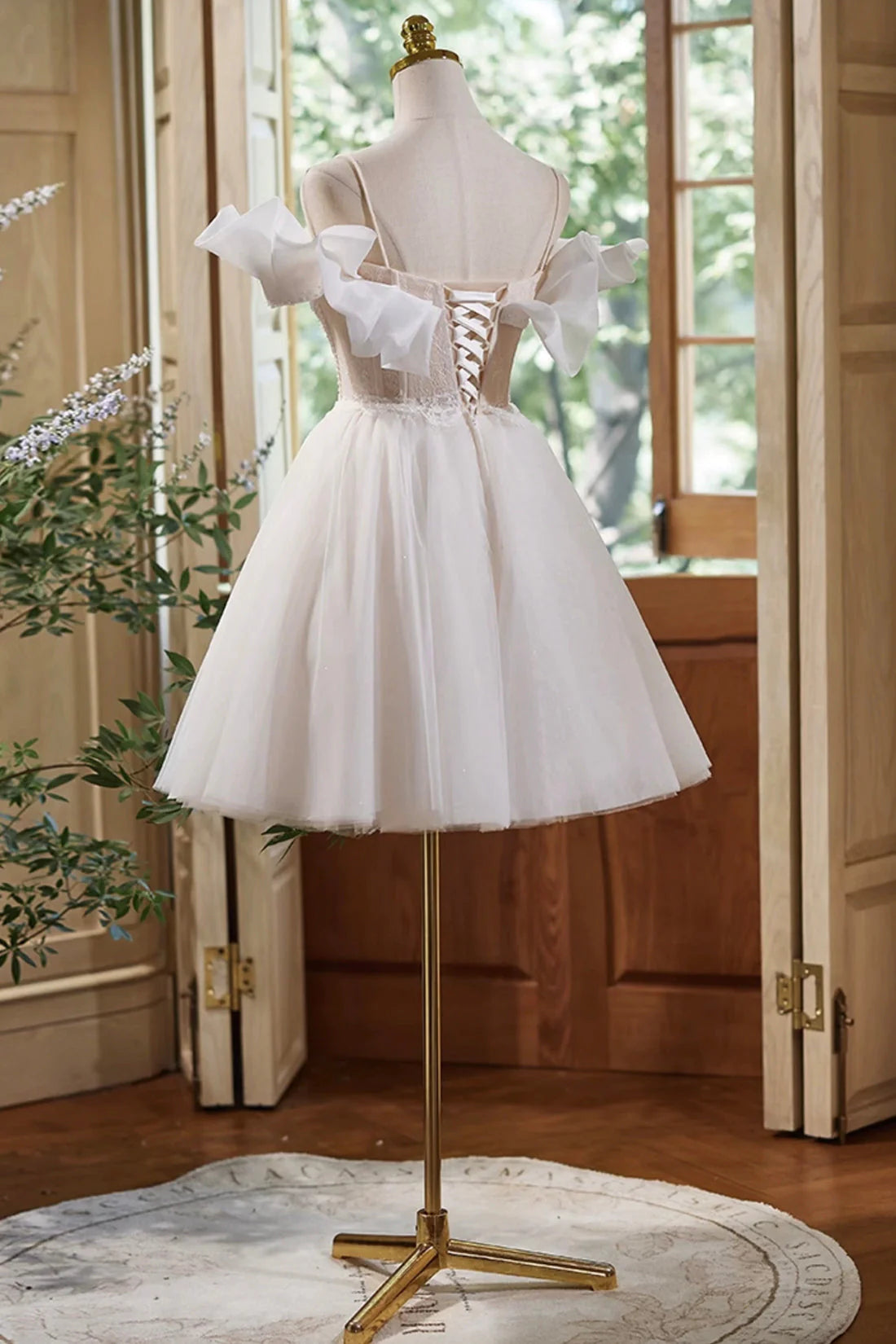 Cute Spaghetti Strap Tulle Lace Homecoming Dress Off Shoulder Short Prom Dress simple gentle atmospheric and unique desi Bring summer