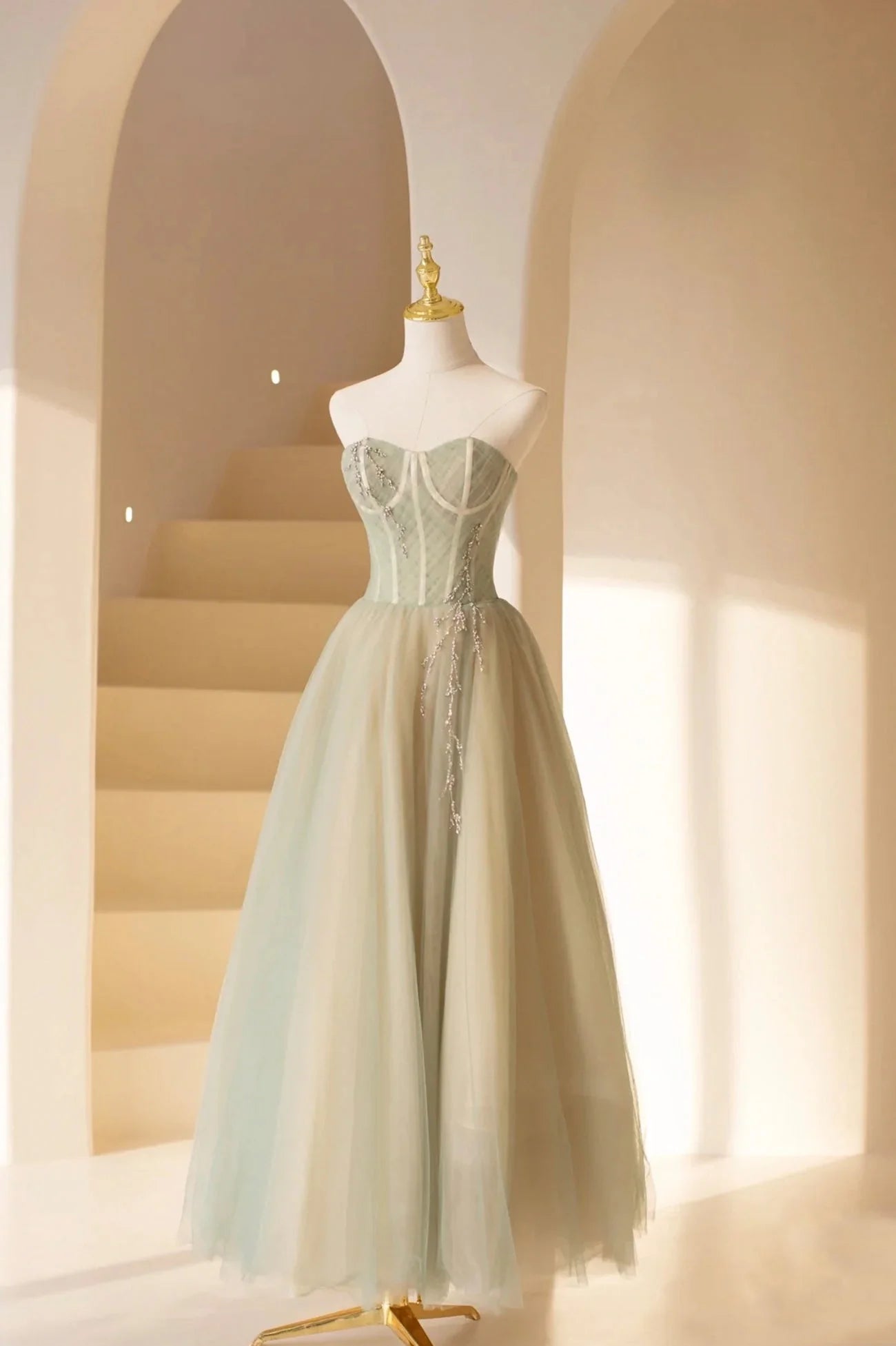 Cute Tulle Tea Length Prom Dress Green A-Line Strapless Evening Party Dress simple gentle atmospheric and unique desi Bring summer colors to enhance whitenes