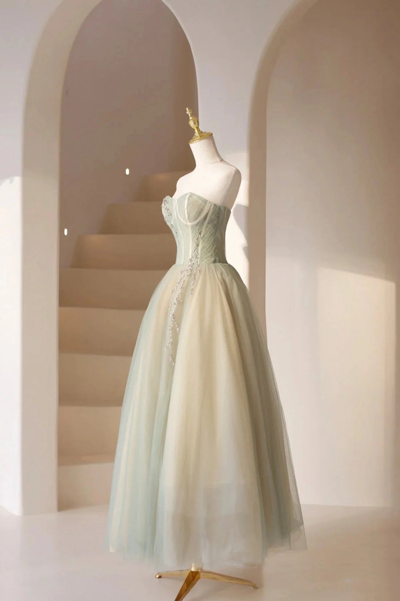 Cute Tulle Tea Length Prom Dress Green A-Line Strapless Evening Party Dress simple gentle atmospheric and unique desi Bring summer colors to enhance whitenes