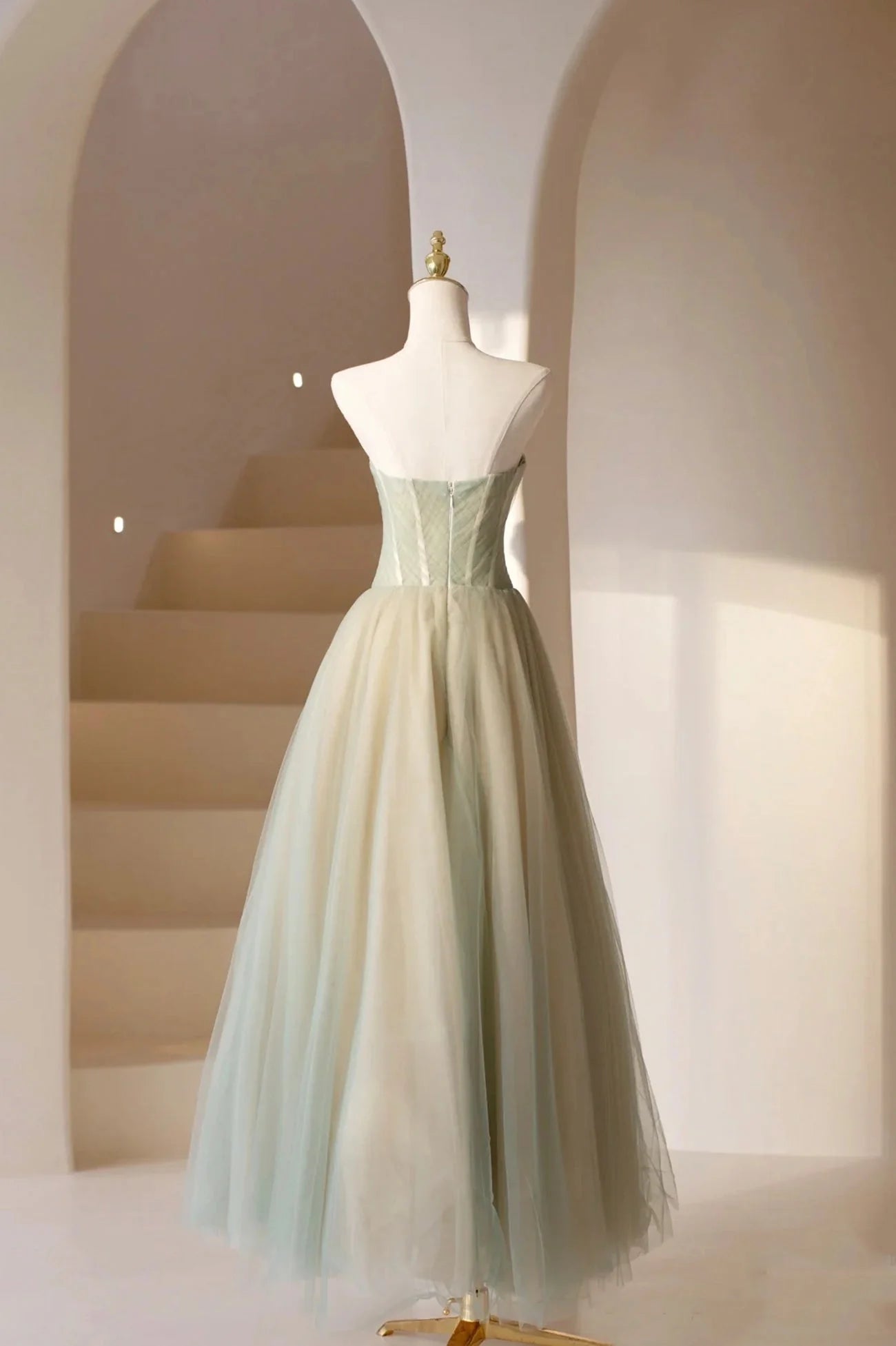 Cute Tulle Tea Length Prom Dress Green A-Line Strapless Evening Party Dress simple gentle atmospheric and unique desi Bring summer colors to enhance whitenes