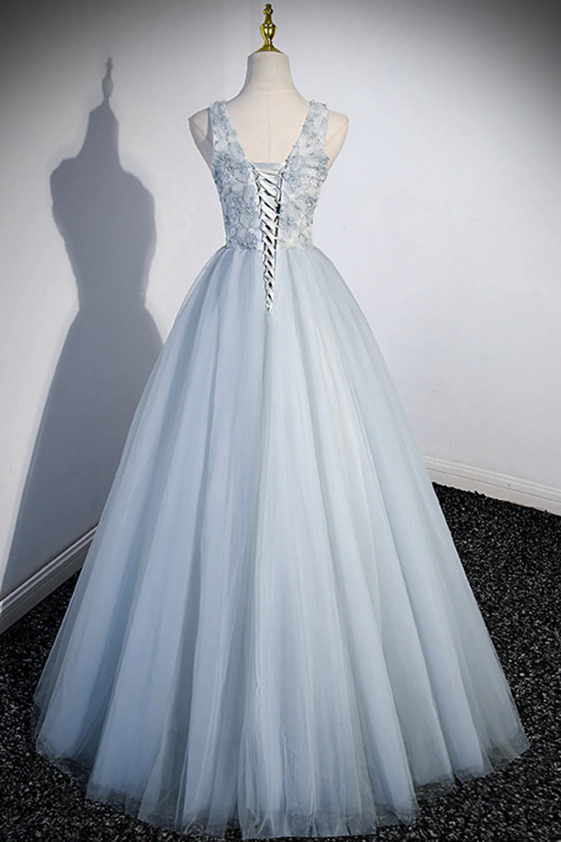 Cute V-Neck Tulle Long Prom Dress Gray Evening Dress Party Dress simple gentle atmospheric and unique desi Bring summer colors to enhance white