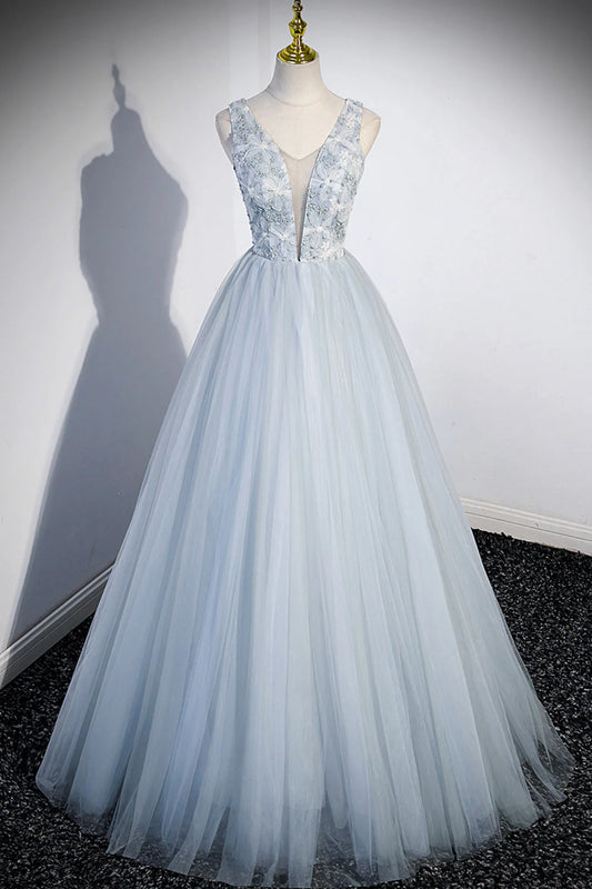 Cute V-Neck Tulle Long Prom Dress Gray Evening Dress Party Dress simple gentle atmospheric and unique desi Bring summer colors to enhance white