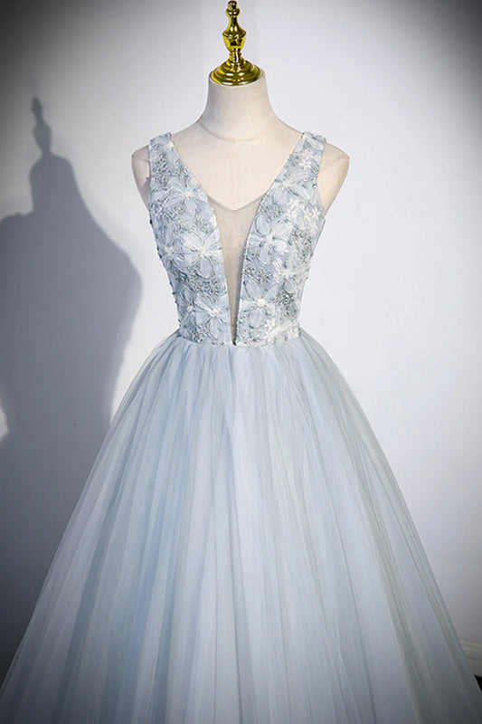 Cute V-Neck Tulle Long Prom Dress Gray Evening Dress Party Dress simple gentle atmospheric and unique desi Bring summer colors to enhance white