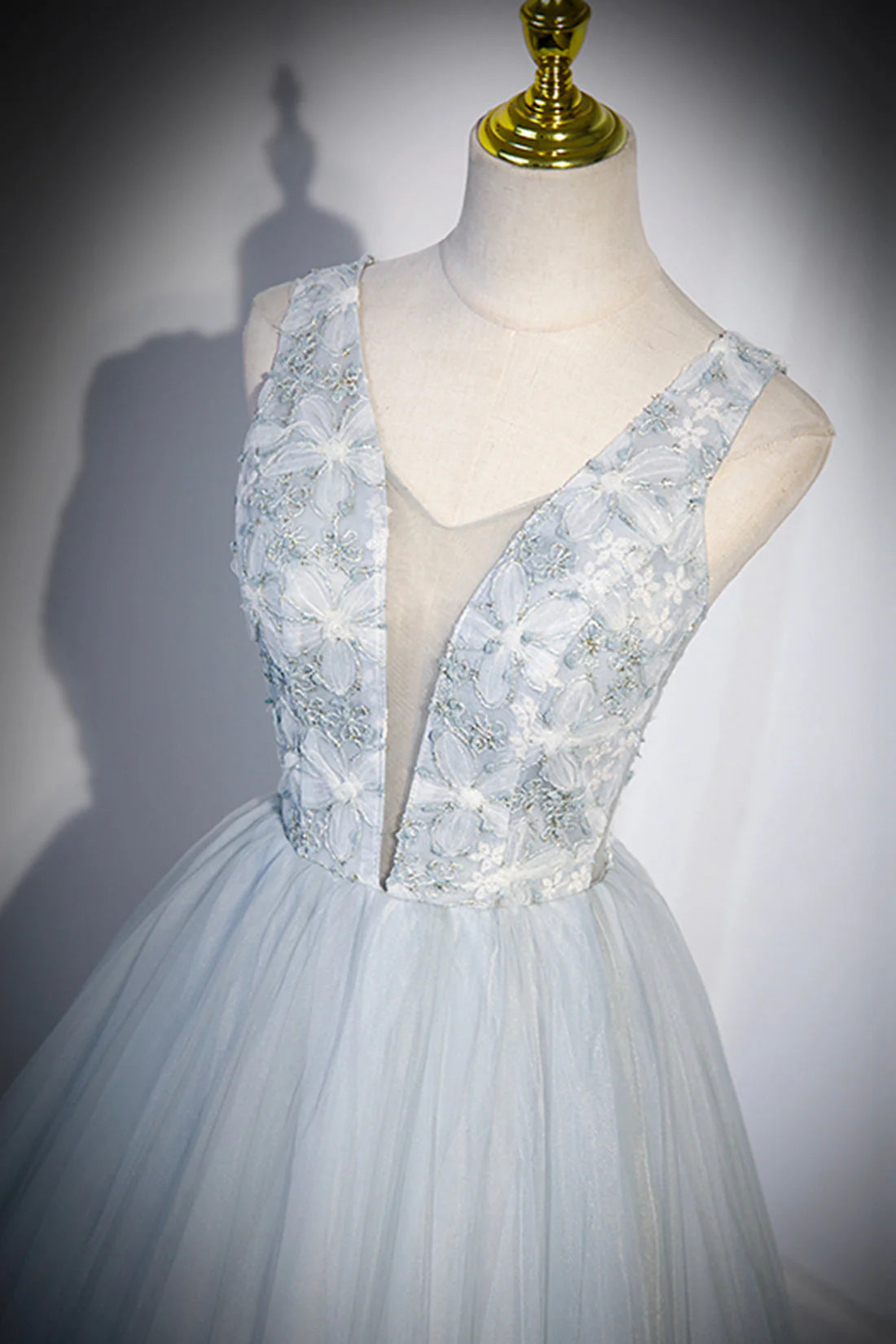 Cute V-Neck Tulle Long Prom Dress Gray Evening Dress Party Dress simple gentle atmospheric and unique desi Bring summer colors to enhance white