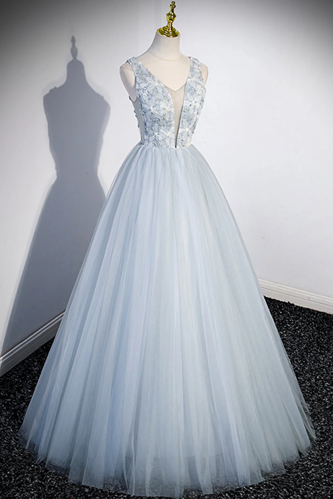 Cute V-Neck Tulle Long Prom Dress Gray Evening Dress Party Dress simple gentle atmospheric and unique desi Bring summer colors to enhance white