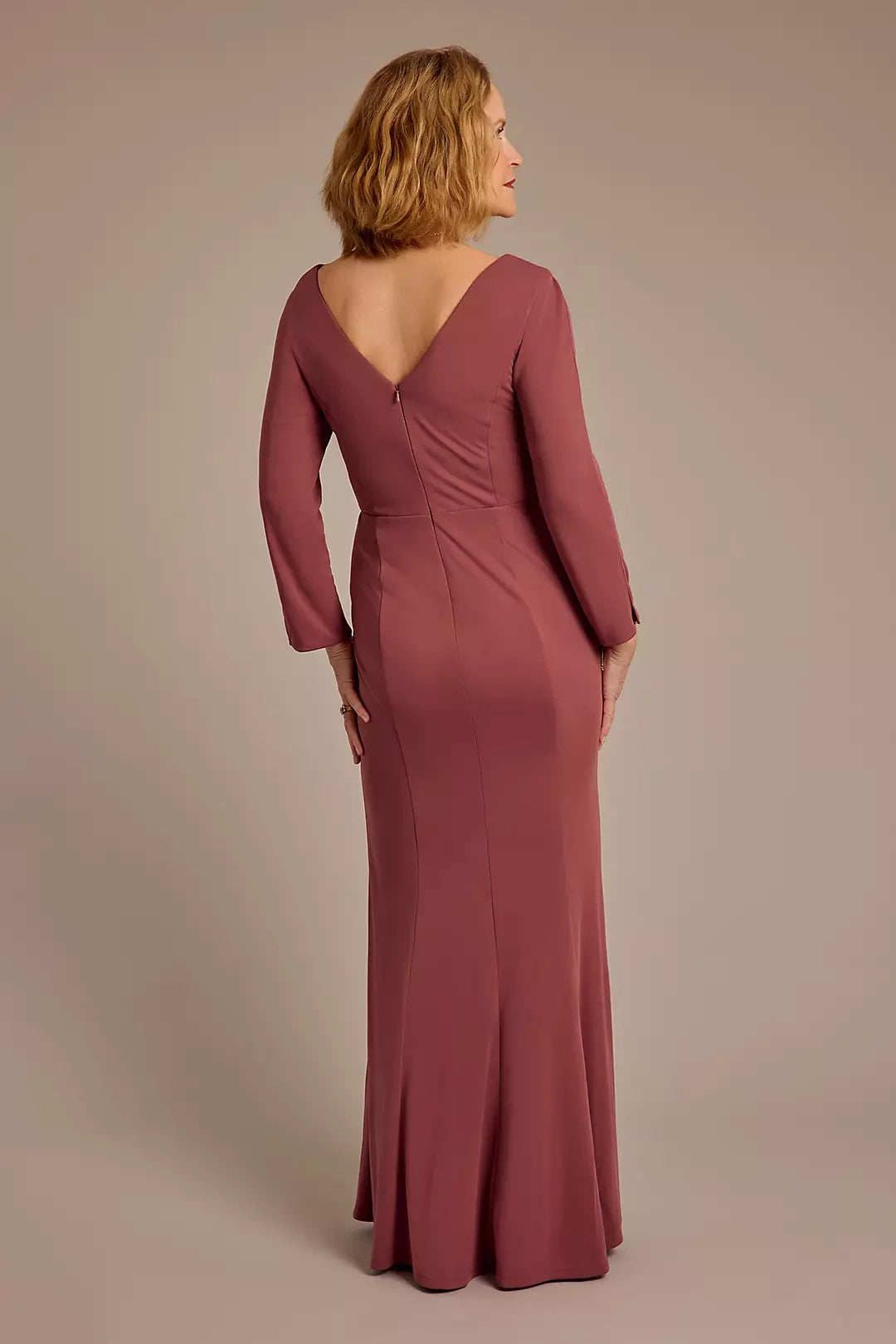 Refined Sheath V Neck Long Sleeve Ruched Back Floor Length Mother of the Bride Dress