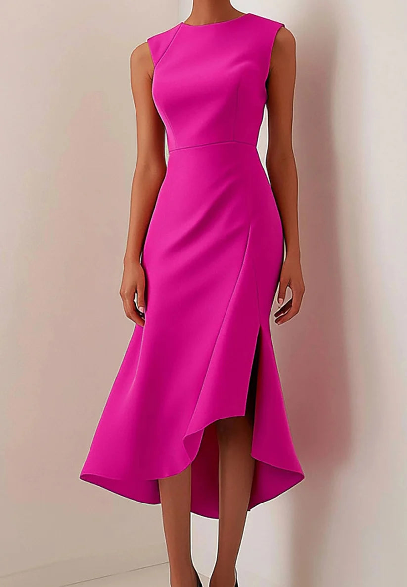 Daily Party Dress Rose Red Round Neck Slit Sleeveless Midi Dress simple gentle atmospheric and unique desi Bring summer colors to enhance whiteness
