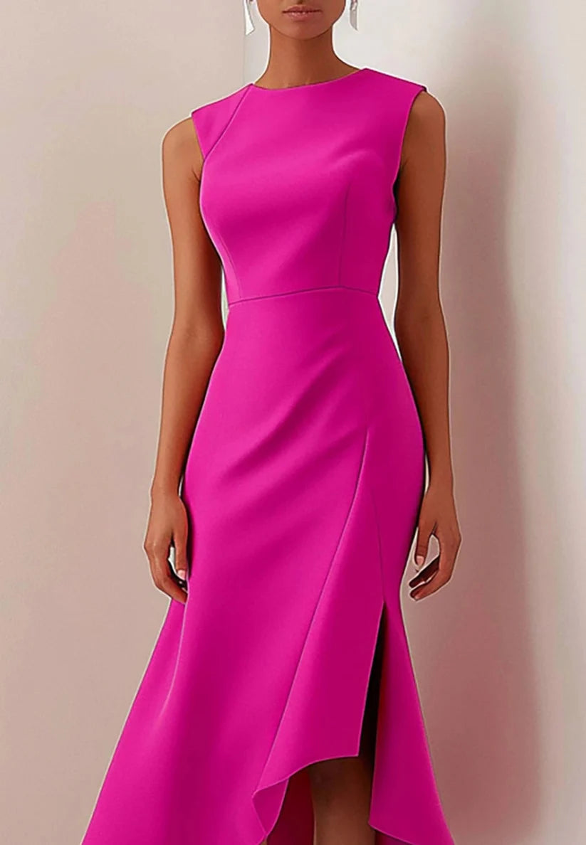 Daily Party Dress Rose Red Round Neck Slit Sleeveless Midi Dress simple gentle atmospheric and unique desi Bring summer colors to enhance whiteness